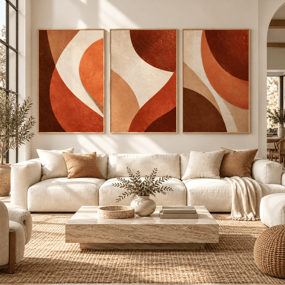 Orange Abstract Painting Set of 3 – Sienna Rhythm by Rossetti Art above a cream sofa in a bright living room