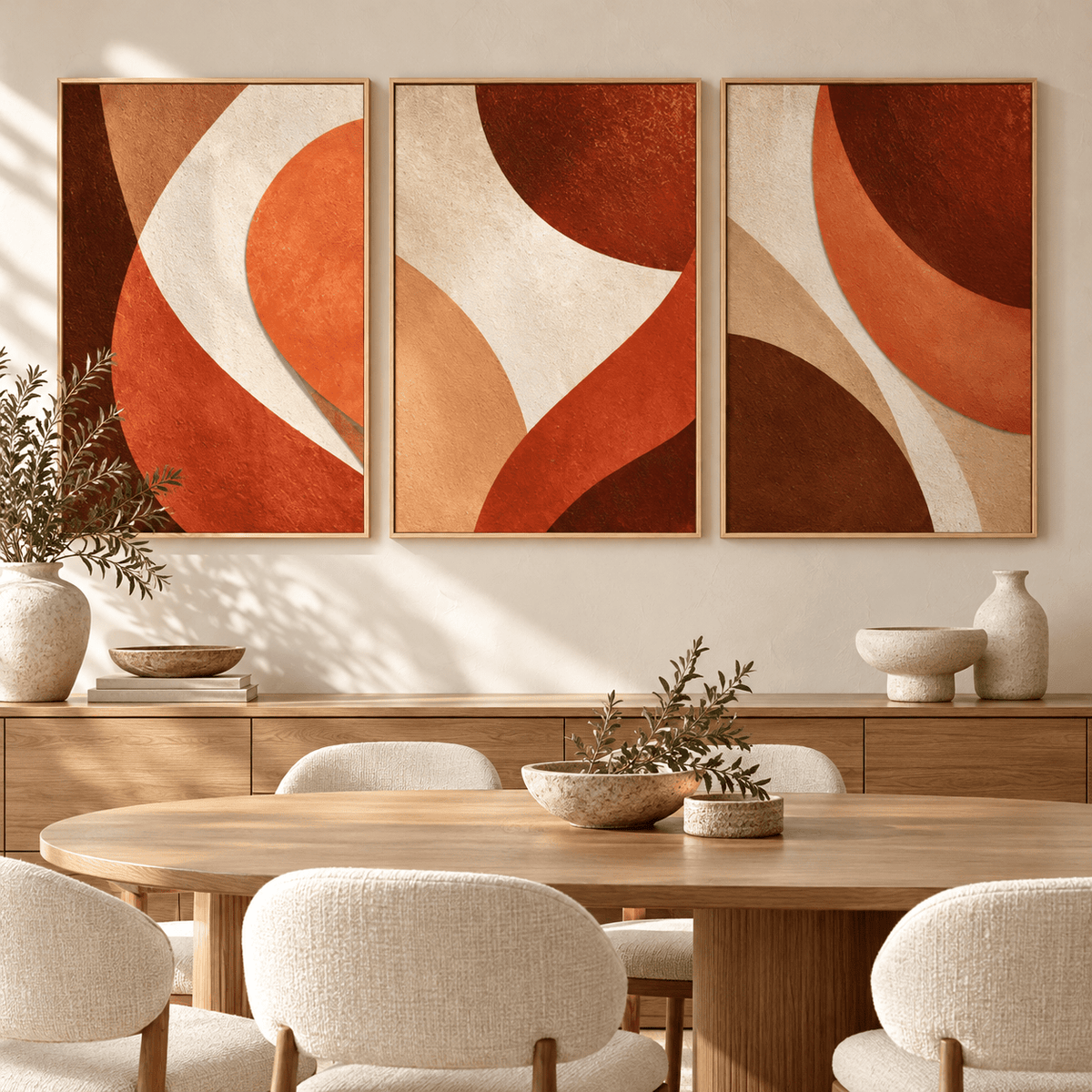 Orange Abstract Painting Set of 3 – Sienna Rhythm by Rossetti Art above a wooden sideboard in a dining room