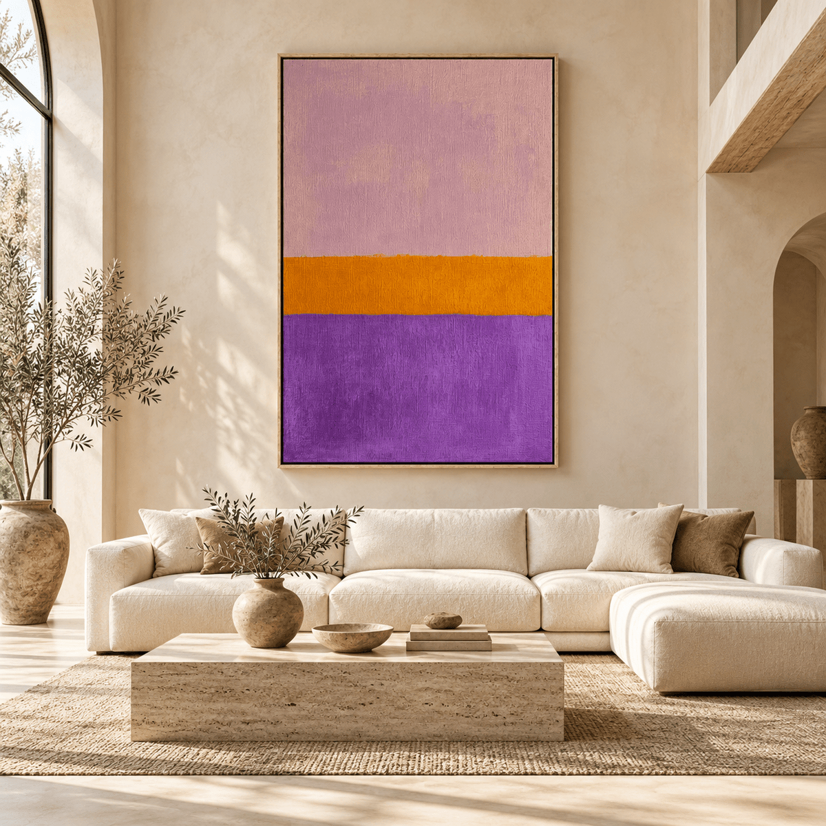 Purple and orange painting Saffron Band above a cream sofa in a living room – Rossetti Art