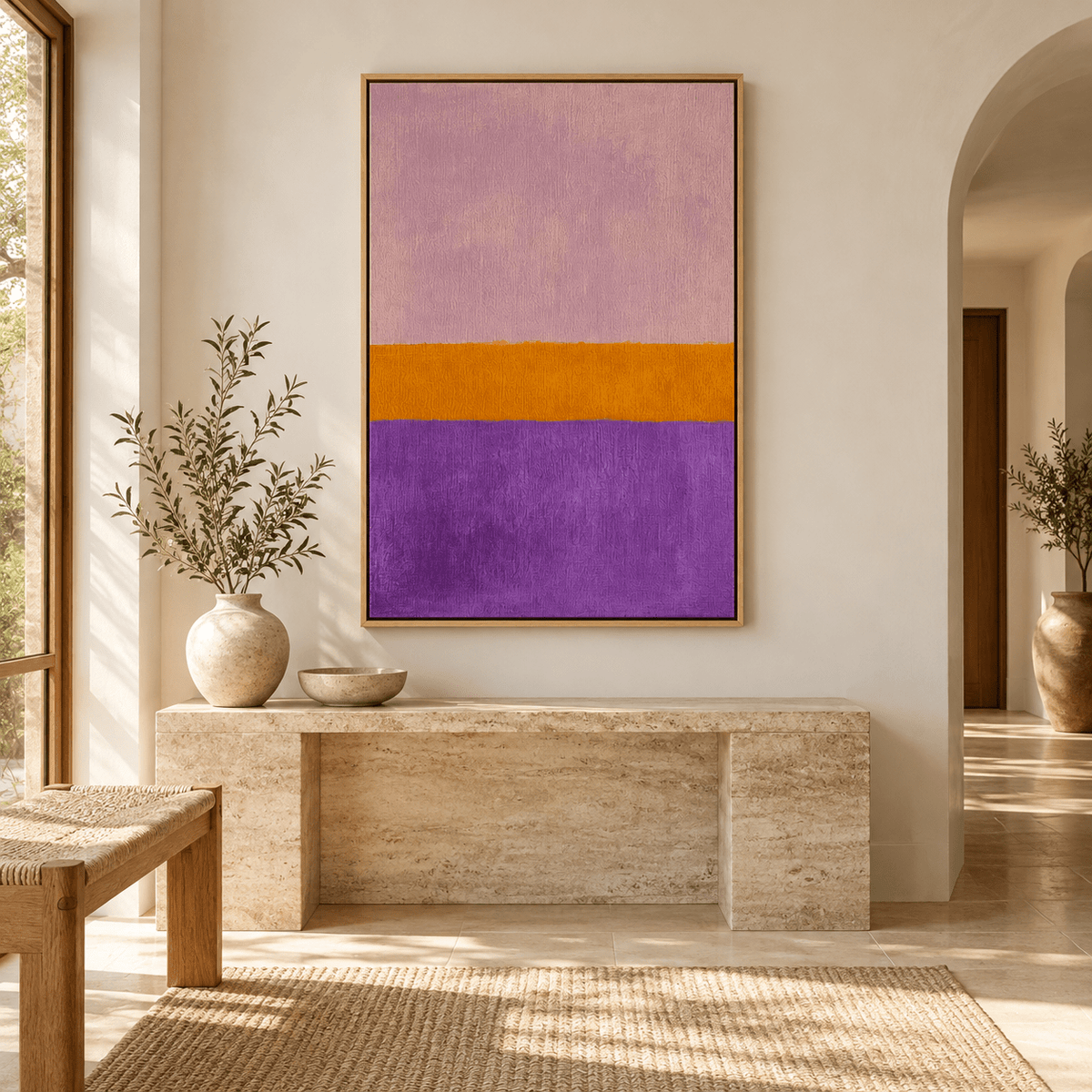 Purple and orange painting Saffron Band above an entryway console – Rossetti Art