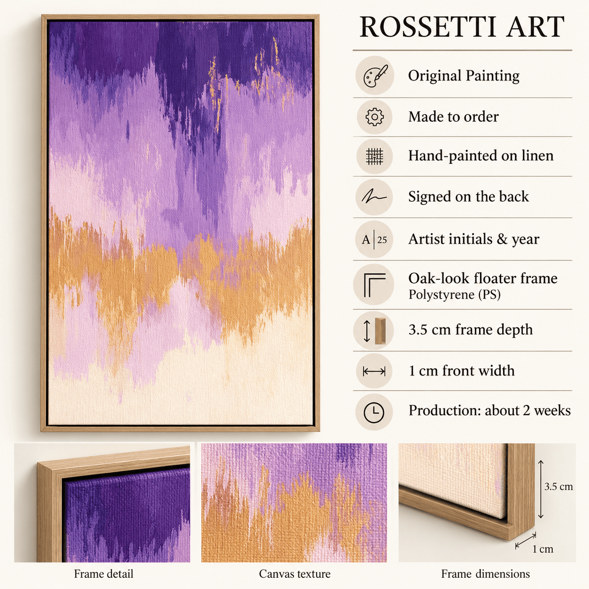 Lilac Cascade original painting hand-painted on linen, floater frame details – Rossetti Art