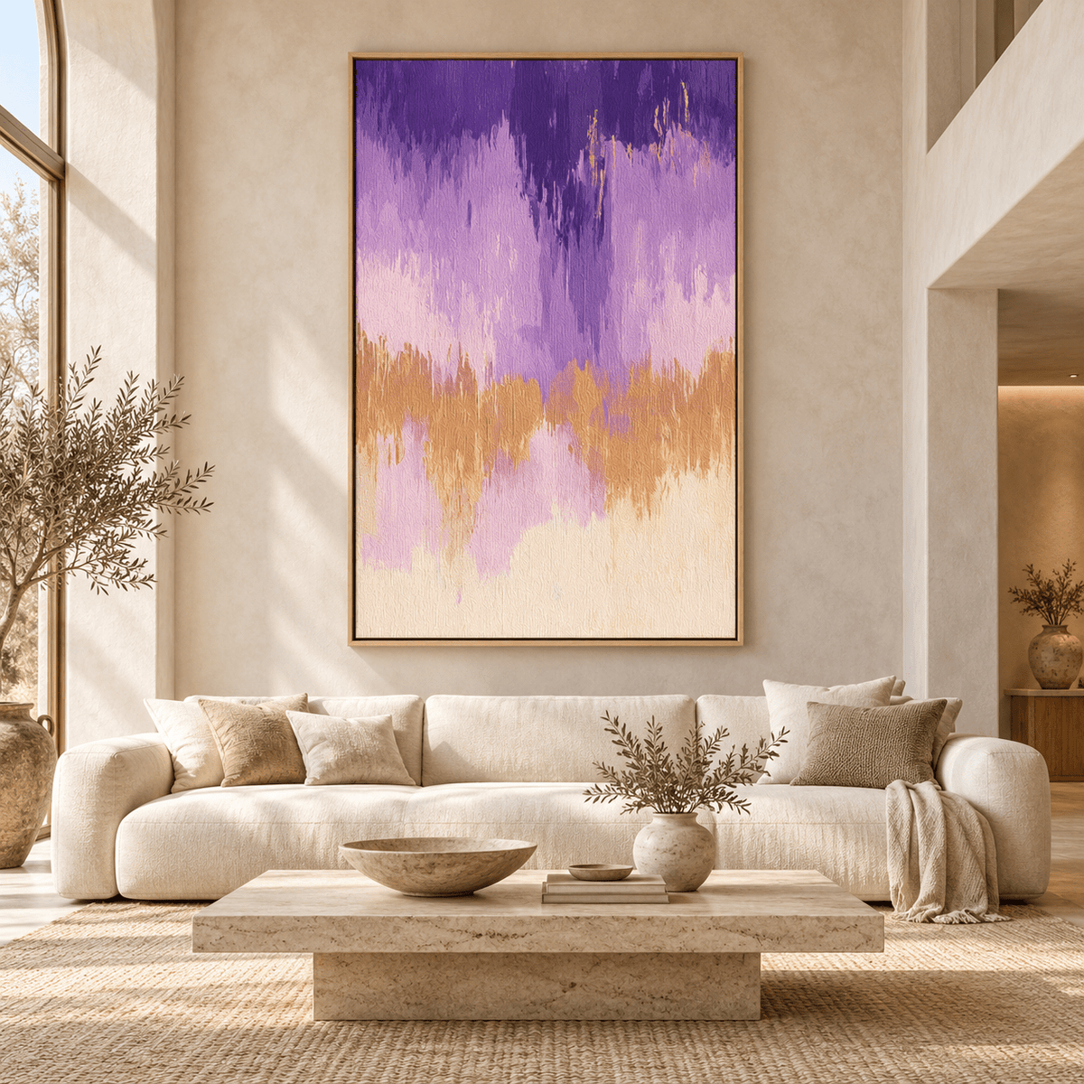 Purple ombre painting Lilac Cascade above a cream sofa in a living room – Rossetti Art