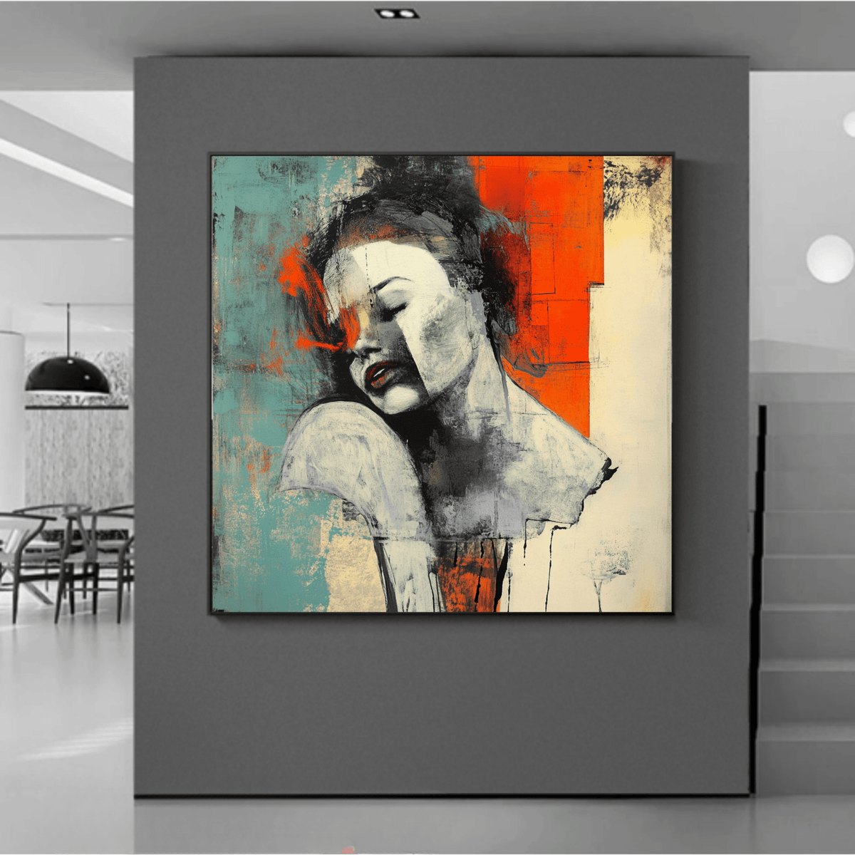 Original Painting : "Reflections in Color" modern abstract canvas wall art by Rossetti Art – luxury interior design artwork for living room, bedroom, office – abstract portrait painting artistic flower crown blue and red portrait art