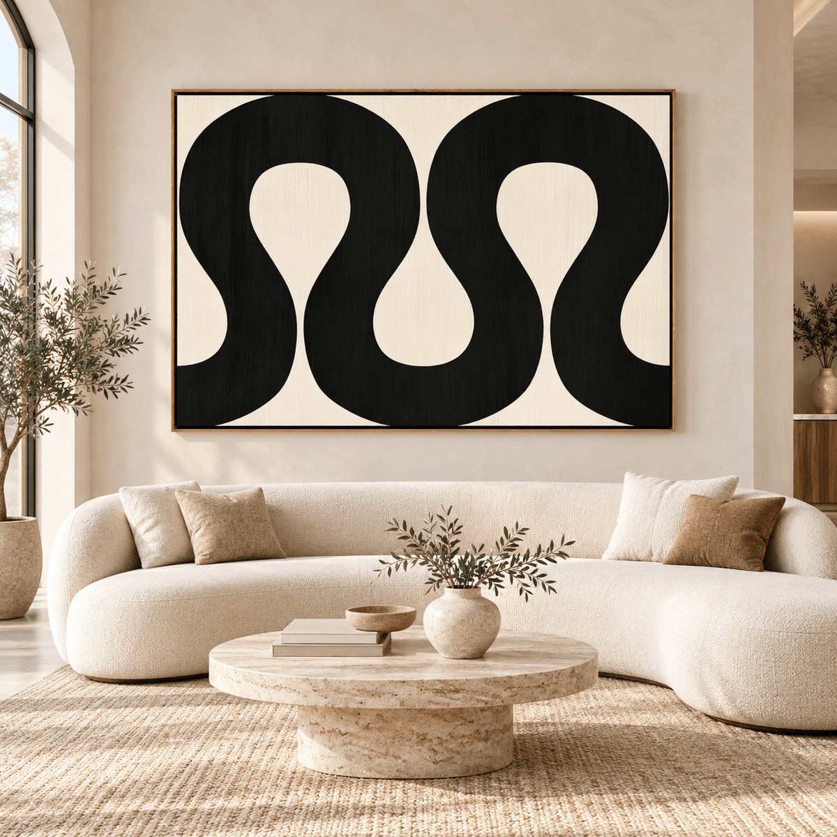 Ribbon Wall Art Original Painting – Black Ribbon Rhythm above a sofa by Rossetti Art