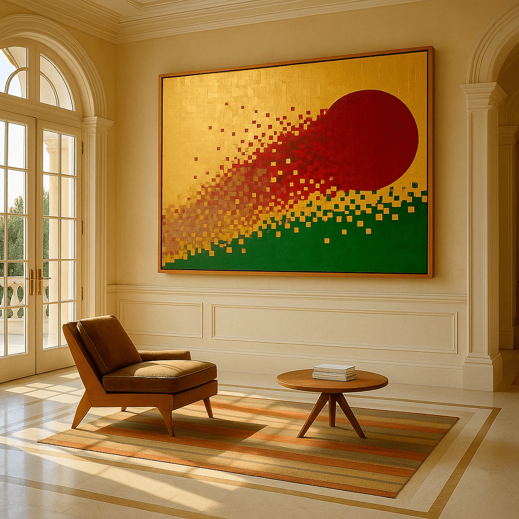 Original Painting : Solar Ascent – Geometric Abstract Wall Art in Red, Gold & Green - Chiara Rossetti