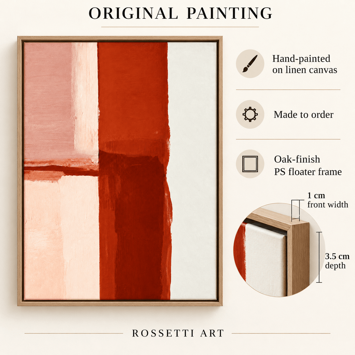 Terracotta Painting Original – Clay Meridian by Rossetti Art, original painting details: hand-painted on linen, made to order, floater frame 3.5 cm deep