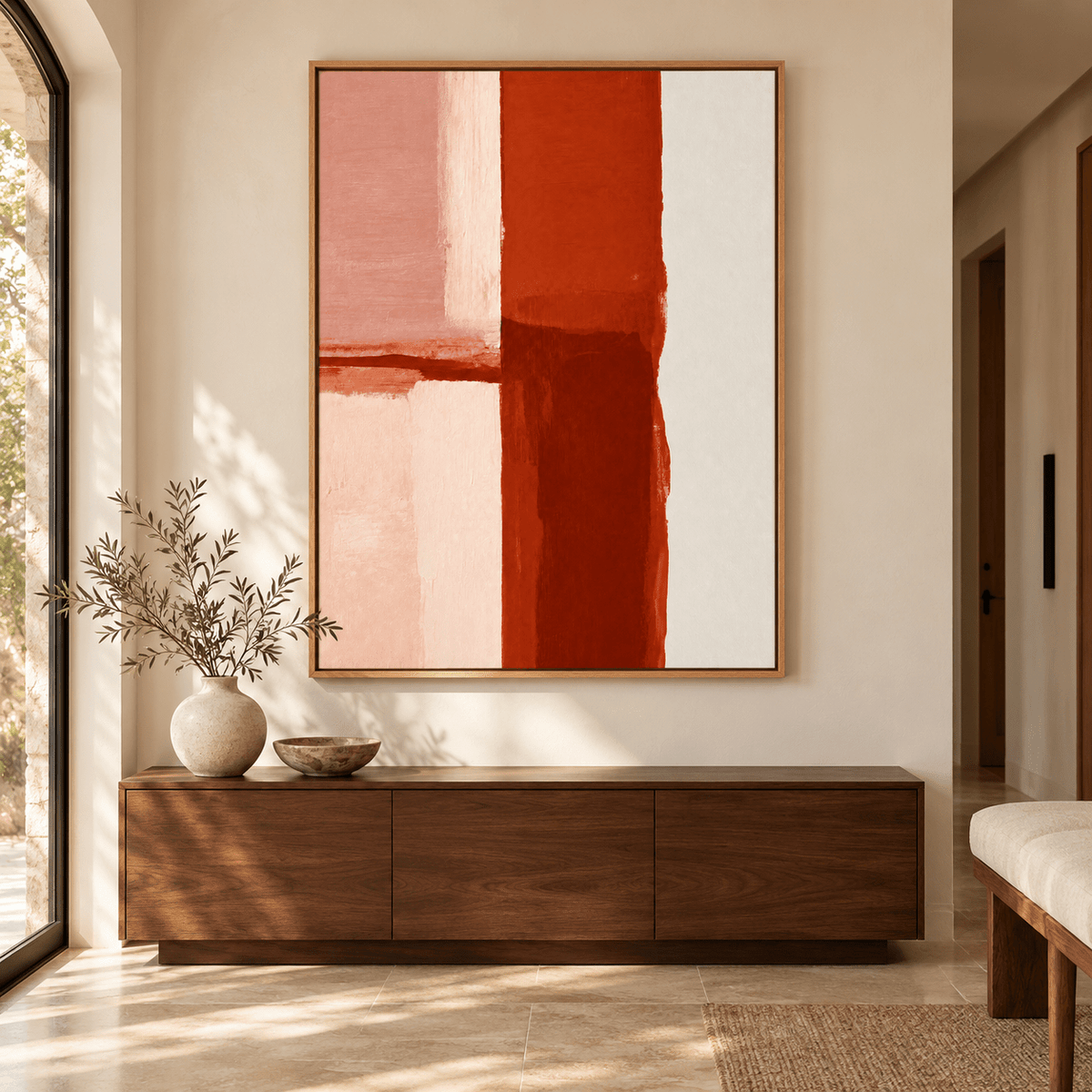 Terracotta Painting Original – Clay Meridian by Rossetti Art above a wooden sideboard in a warm entryway