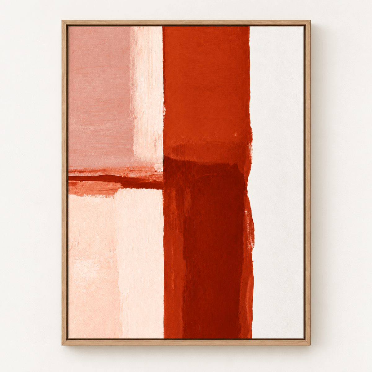 Terracotta Painting Original – Clay Meridian by Rossetti Art, rust, blush pink and cream vertical painting in an oak floater frame