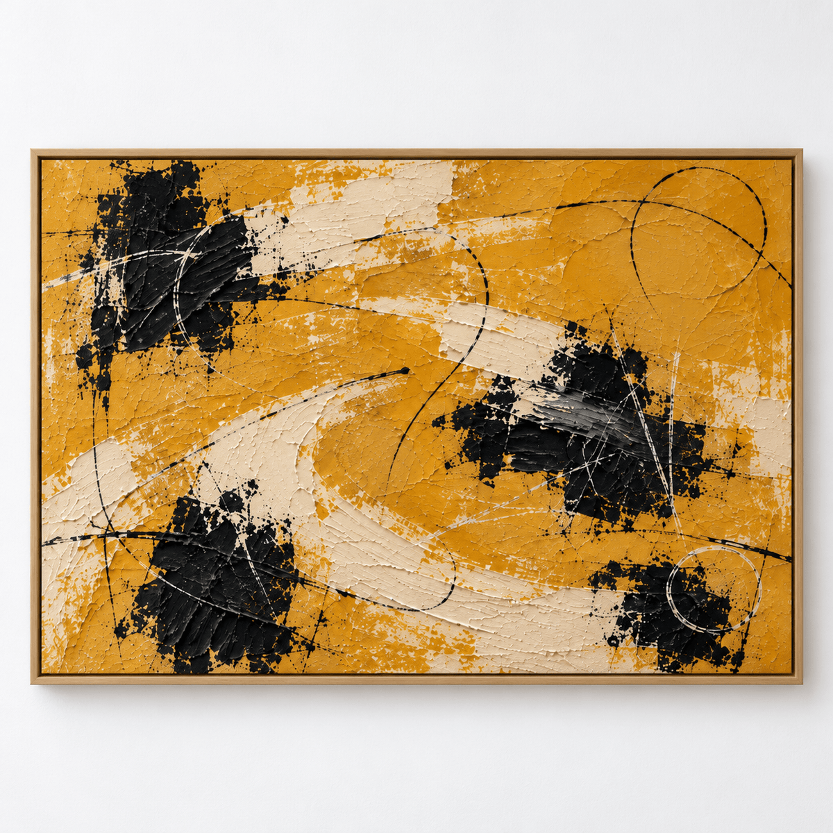 Textured abstract painting – Harvest Drift, a horizontal yellow, cream and black abstract with built-up palette-knife texture, framed front view, by Rossetti Art
