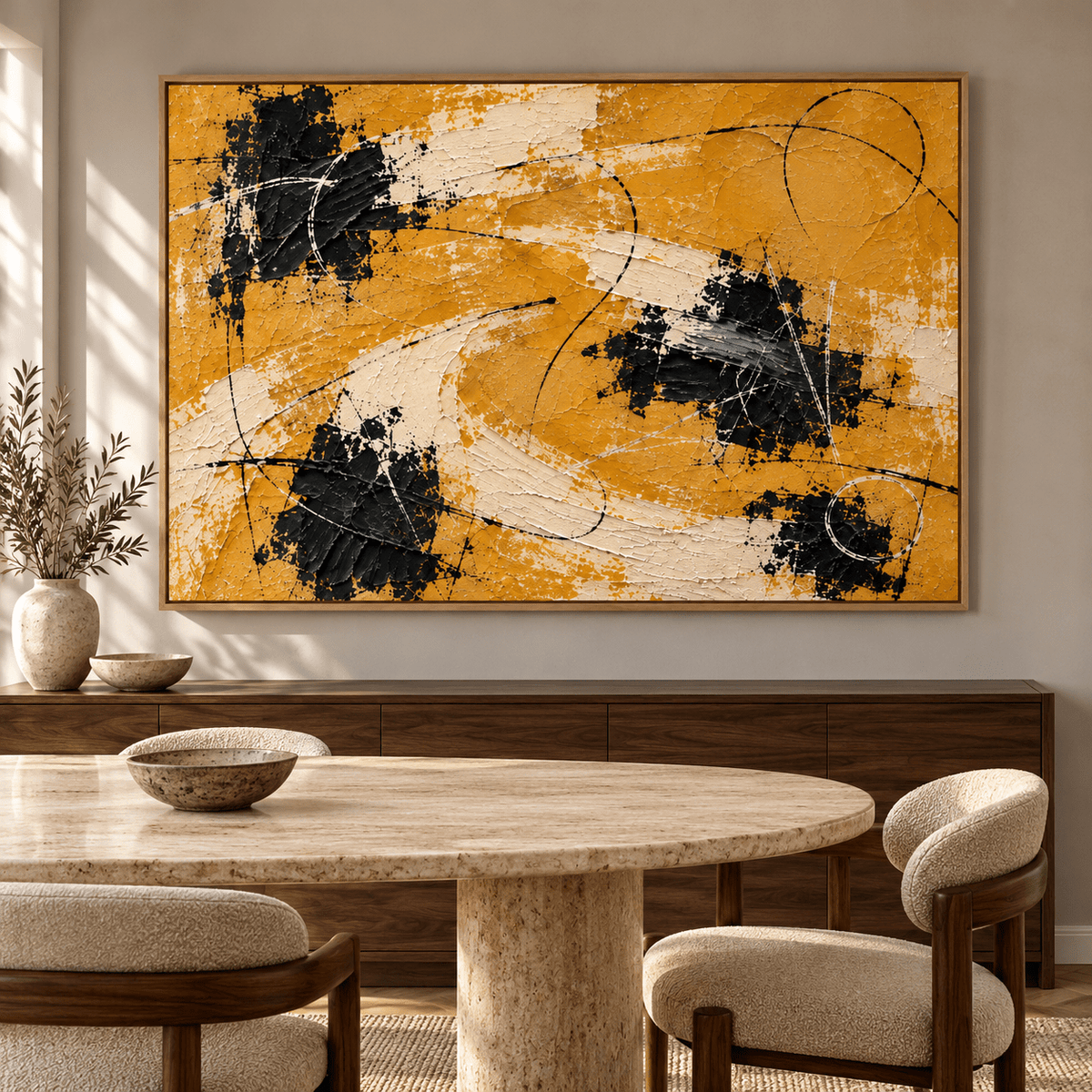 Textured abstract painting – Harvest Drift original painting above a walnut sideboard in a dining room by Rossetti Art