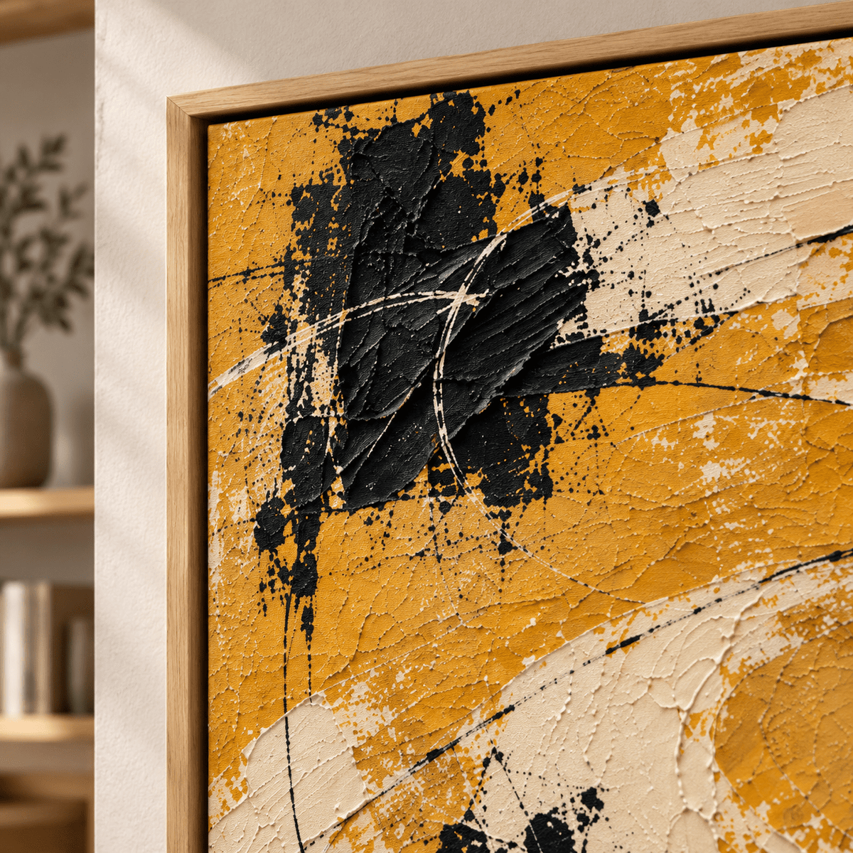 Textured abstract painting – close-up of the built-up palette-knife texture and floater frame corner of Harvest Drift by Rossetti Art