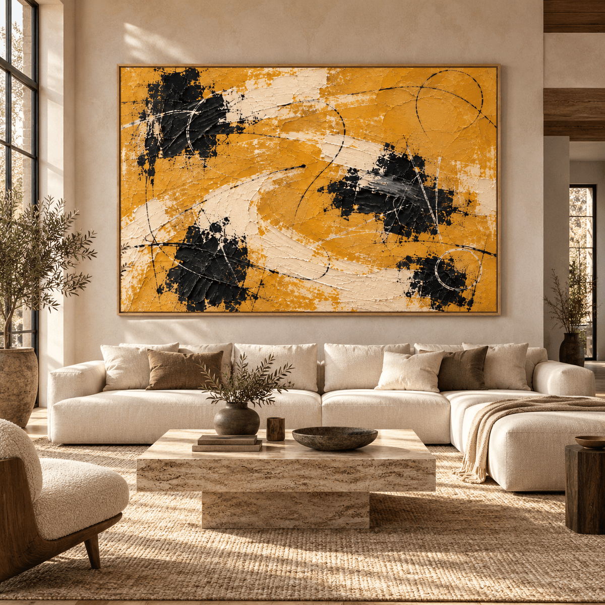 Textured abstract painting – Harvest Drift yellow, cream and black original painting above an ivory sofa in a bright living room by Rossetti Art