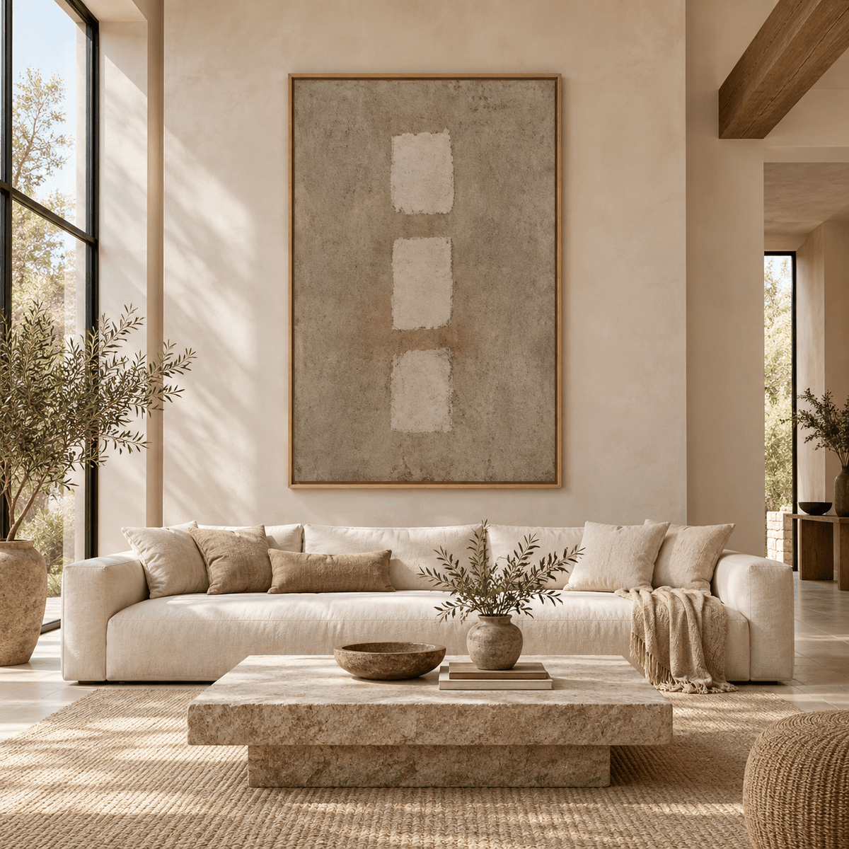 Textured Canvas Painting – Threefold Quiet original painting above a cream sofa in a living room by Rossetti Art
