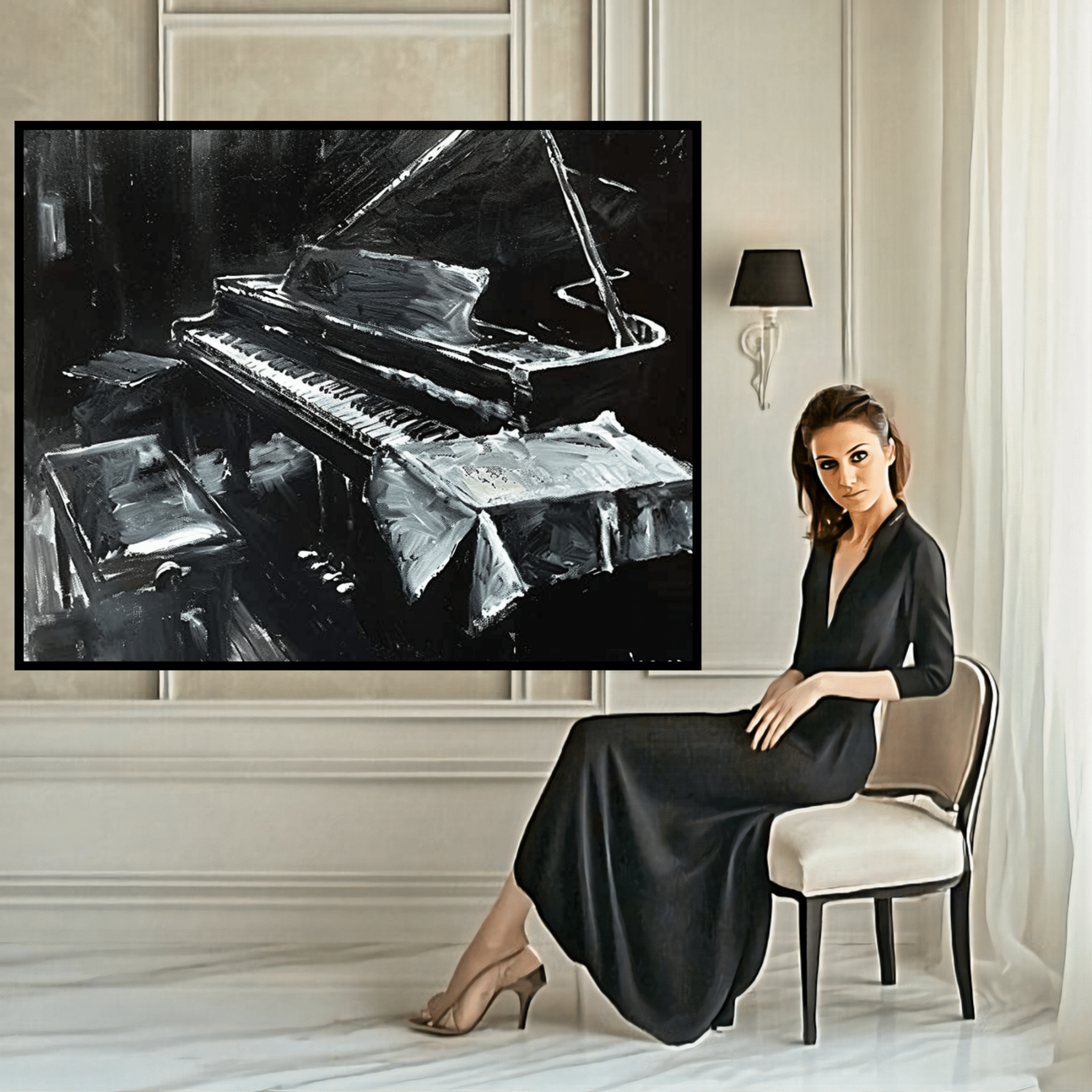 Original Painting : The Elegance of Music - Black & White Piano Art modern abstract canvas wall art by Rossetti Art – luxury interior design artwork for living room, bedroom, office – abstract piano painting black and white canvas Handmade Art Canvas