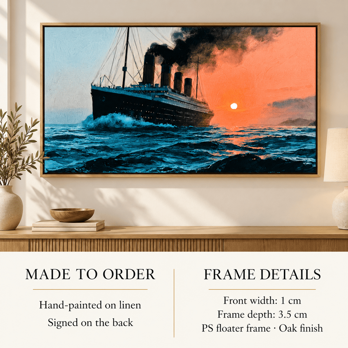 Titanic Painting Original – Final Crossing by Rossetti Art, ocean liner painting in a floating frame