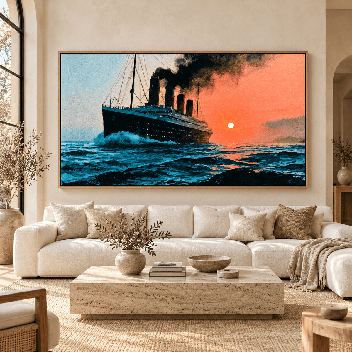 Titanic Painting Original – Final Crossing by Rossetti Art, framed ocean liner painting above an ivory sofa