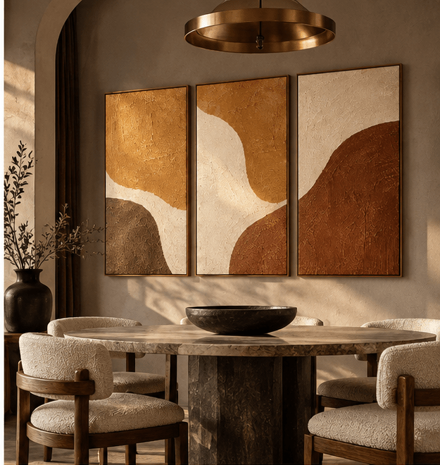 Triptych Wall Art – Sienna Drift by Rossetti Art – dining room styling