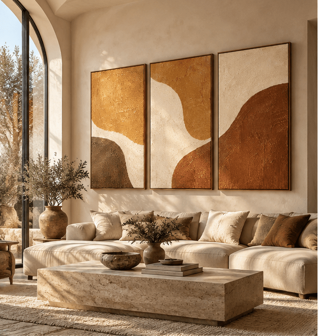 Triptych Wall Art – Sienna Drift by Rossetti Art – living room styling