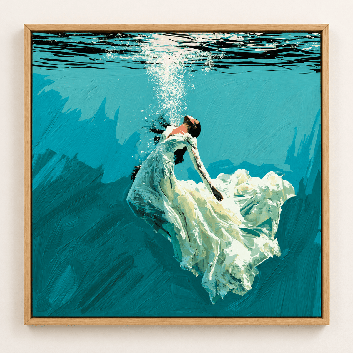 Underwater Painting Original – Weightless Hour by Rossetti Art, a woman in a white dress floating in teal water, in an oak floater frame