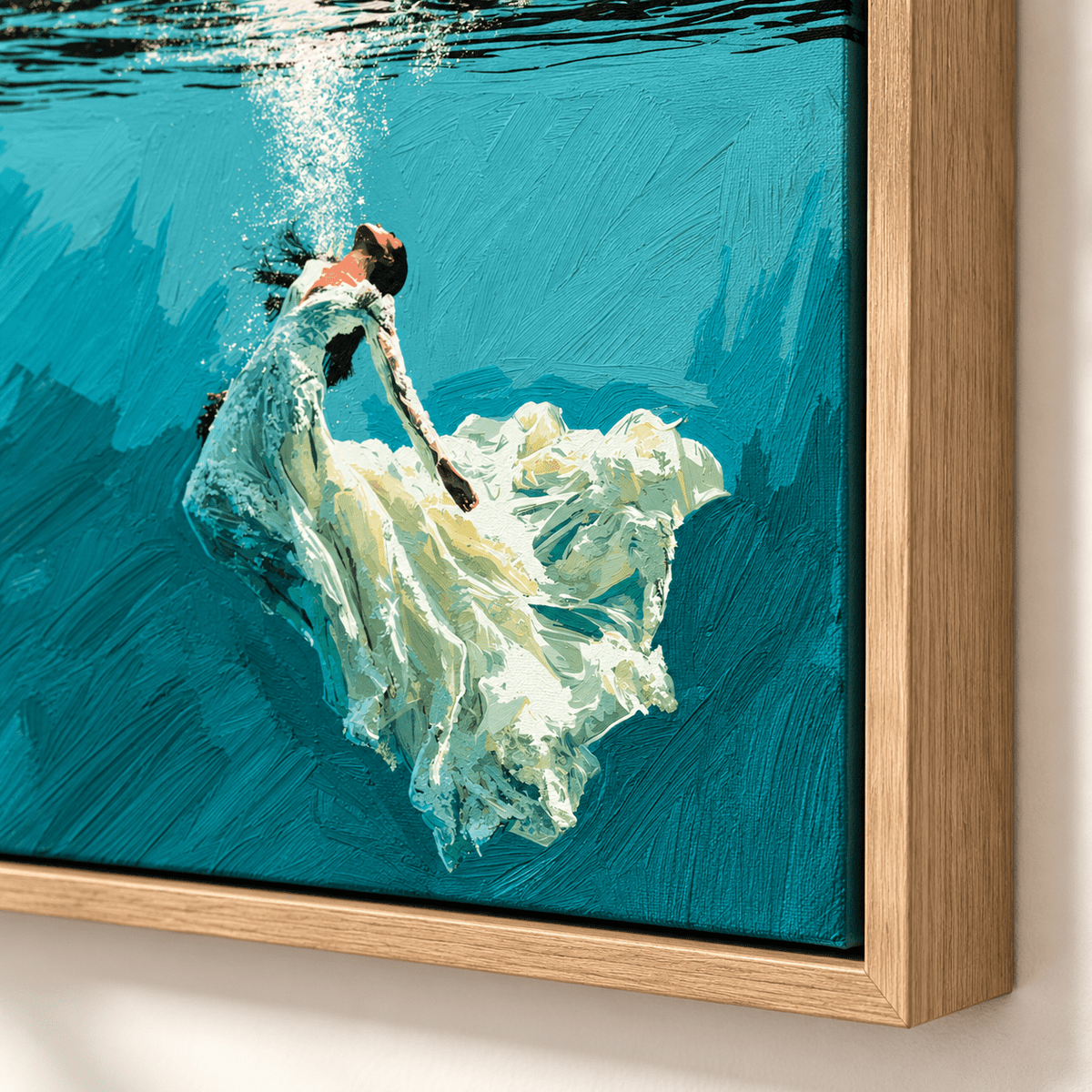 Underwater Painting Original – Weightless Hour by Rossetti Art, close-up of the oak floater frame corner and brushwork
