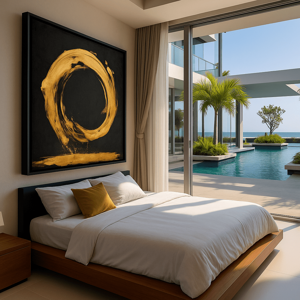 Original Painting : Zen Eclipse – Gold Circle Minimalist Canvas Painting modern abstract canvas wall art by Rossetti Art – luxury interior design artwork for living room, bedroom, office – 3D abstract wall painting gold and black home decor Interior Design Artwork