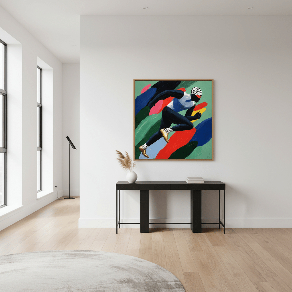 Colorful abstract painting of a runner with dynamic movement