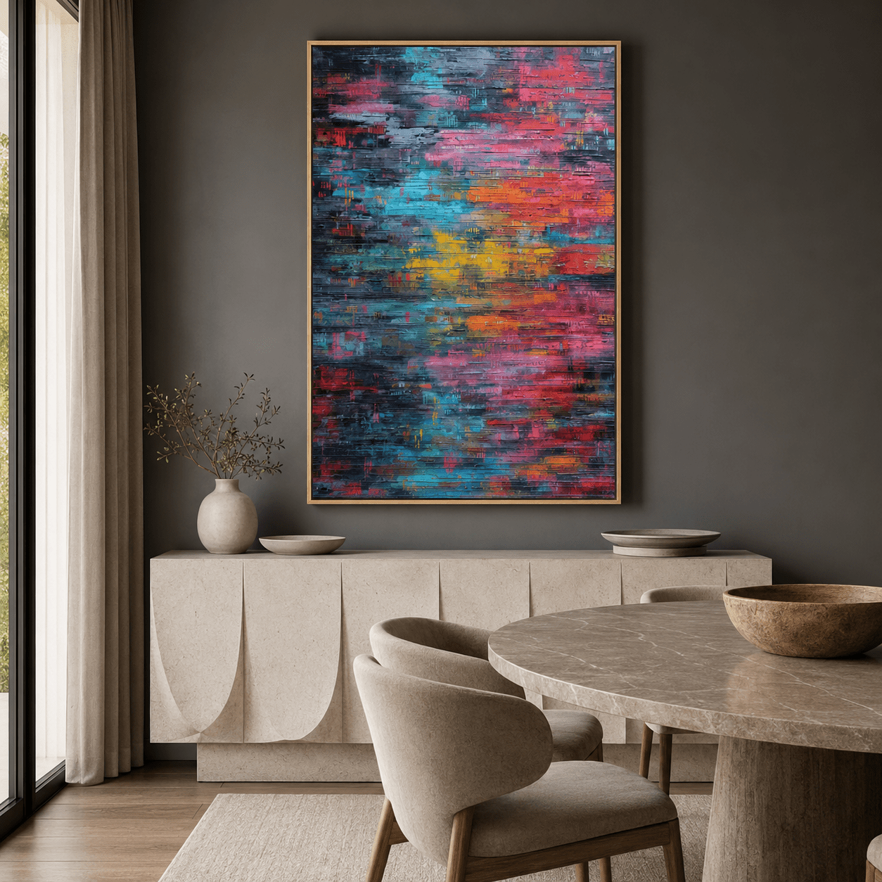 Electric Bloom palette knife painting adding a bold color accent to a moody dark dining room