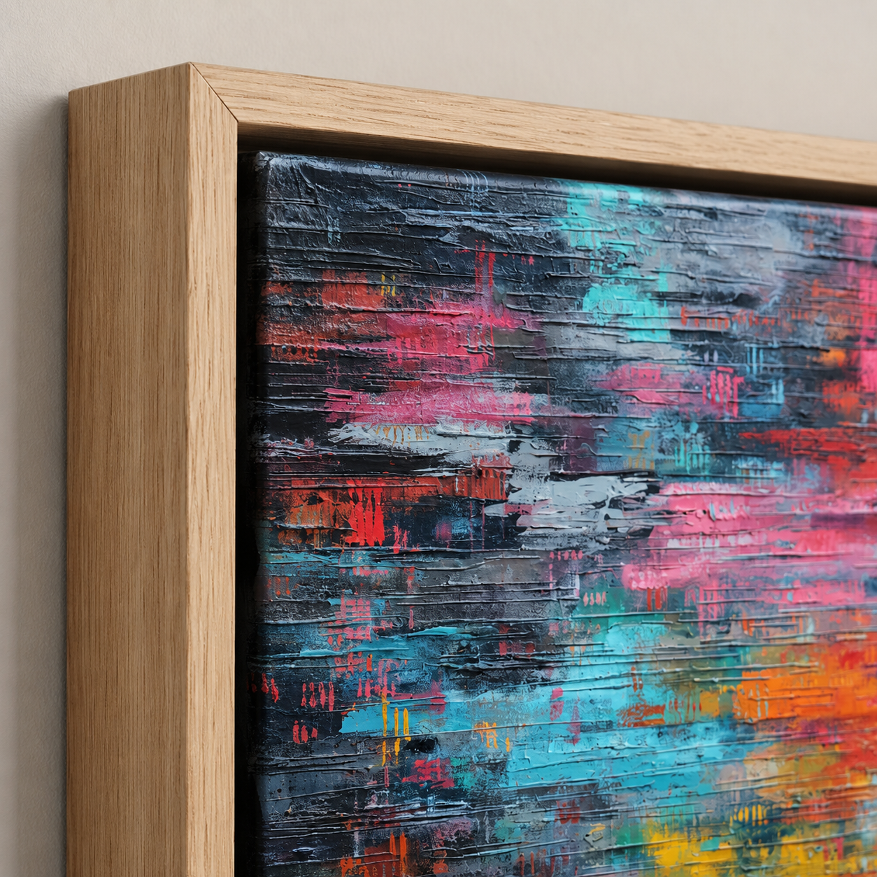 Close-up detail of Electric Bloom palette knife painting showing thick textured brushstrokes and oak floater frame
