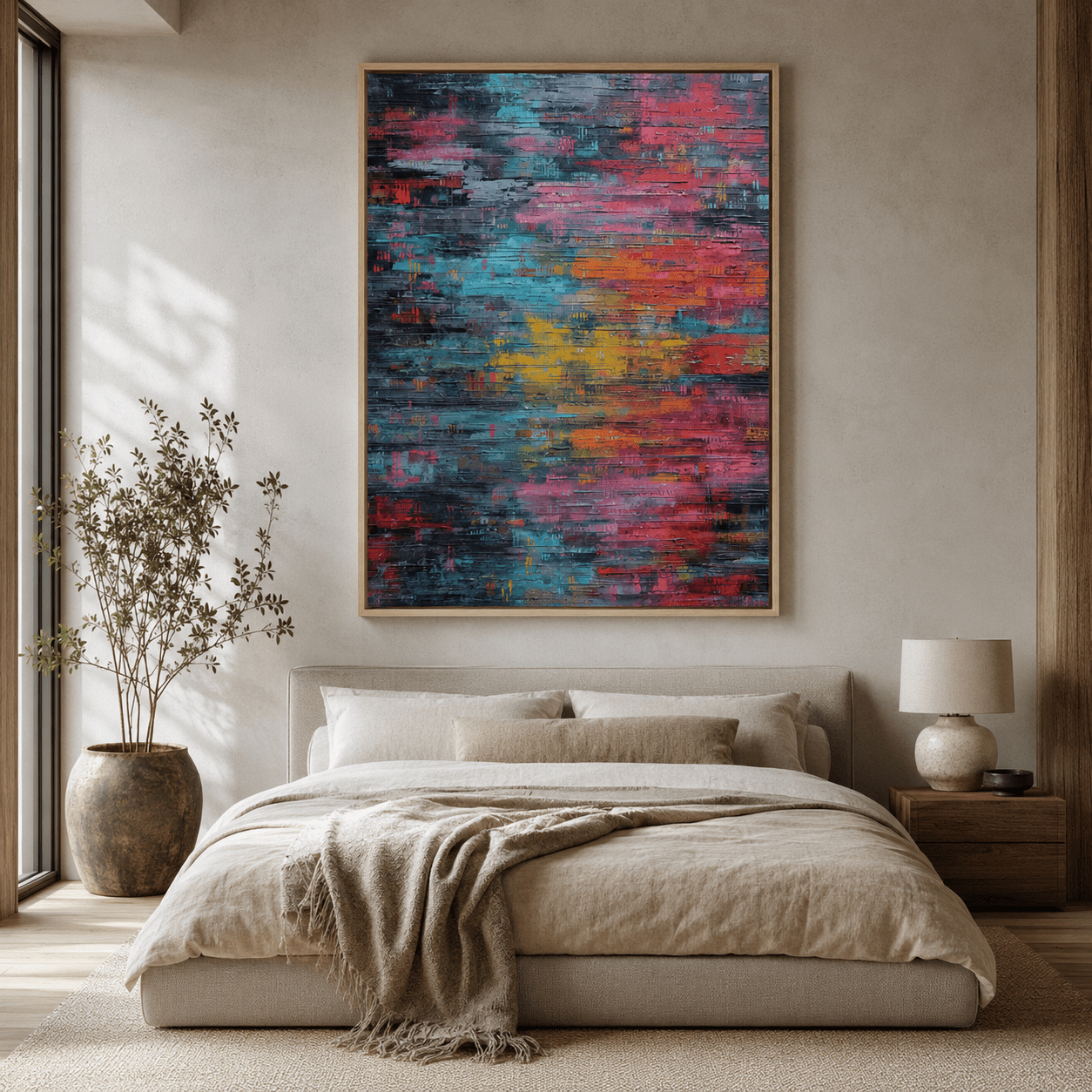 Electric Bloom original abstract painting hung above the bed in a warm neutral bedroom