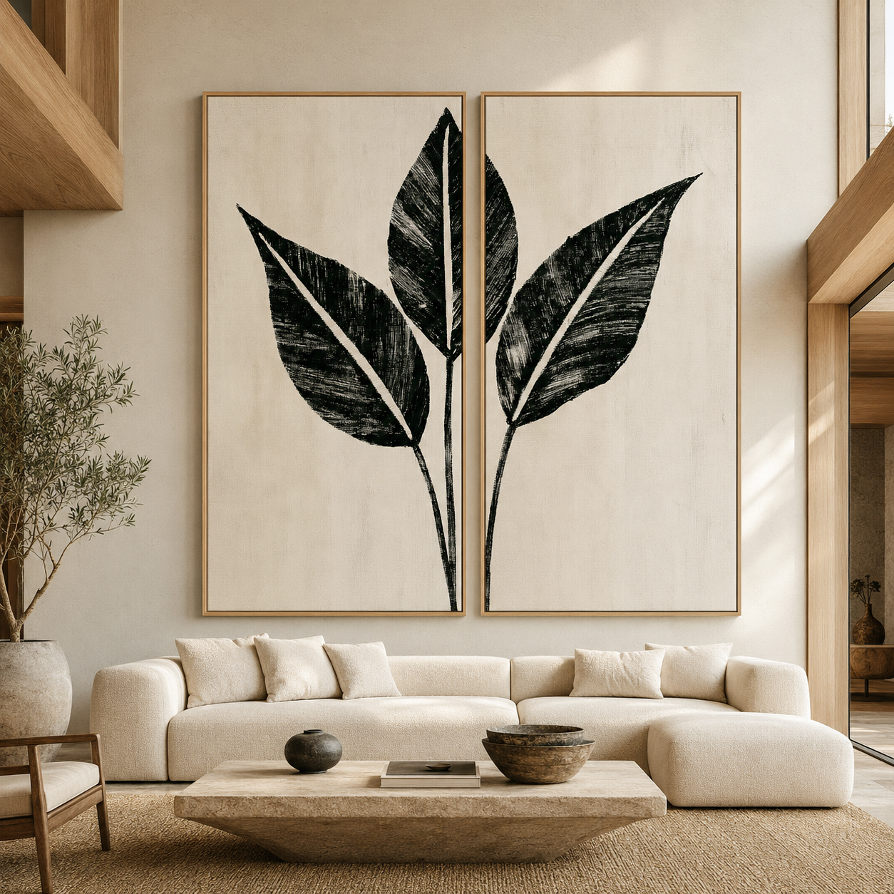 Palm leaf wall art set of 2 in bold black ink above a living room sofa – Charcoal Grove by Rossetti Art