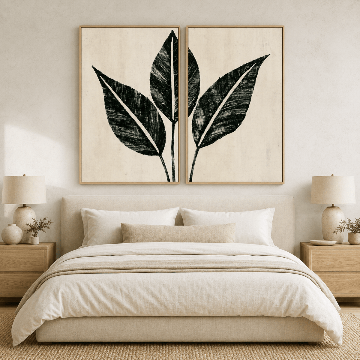 Palm leaf wall art set of 2 in bold black ink above a bedroom bed – Charcoal Grove by Rossetti Art