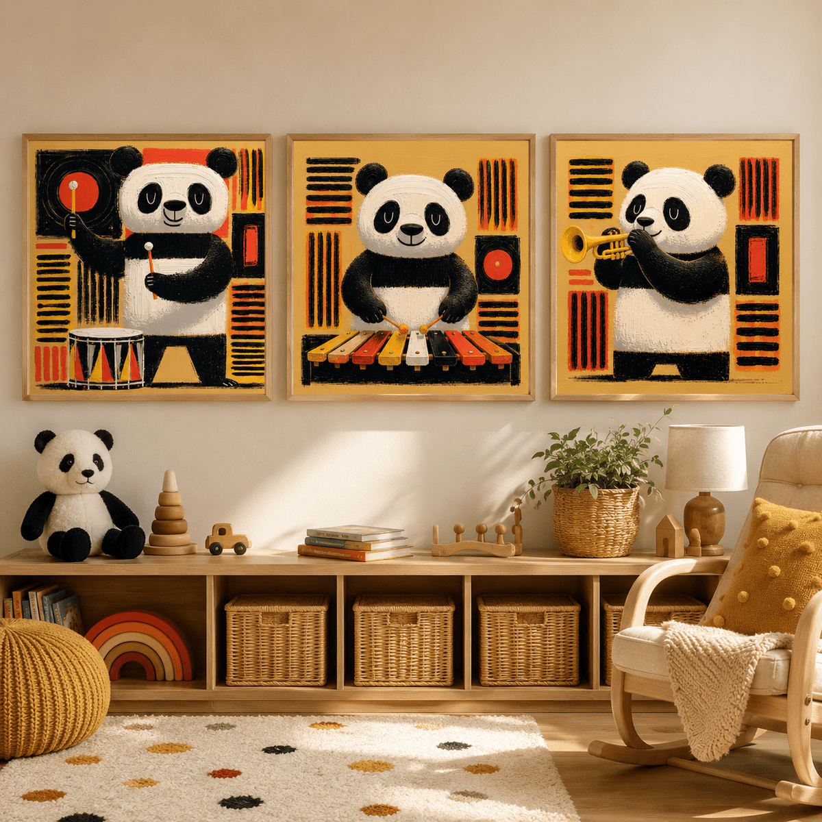 Panda Wall Art Nursery Canvas Print Set of 3 — Panda Band by Rossetti Art