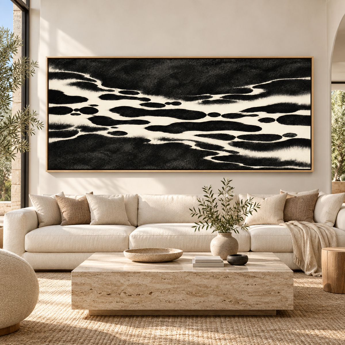 Panoramic Wall Art Canvas Print – Ink Current above a cream sofa in a living room by Rossetti Art