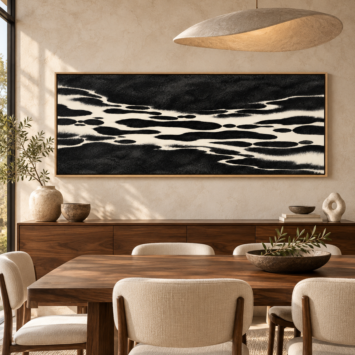 Panoramic Wall Art Canvas Print – Ink Current above a dining room sideboard by Rossetti Art