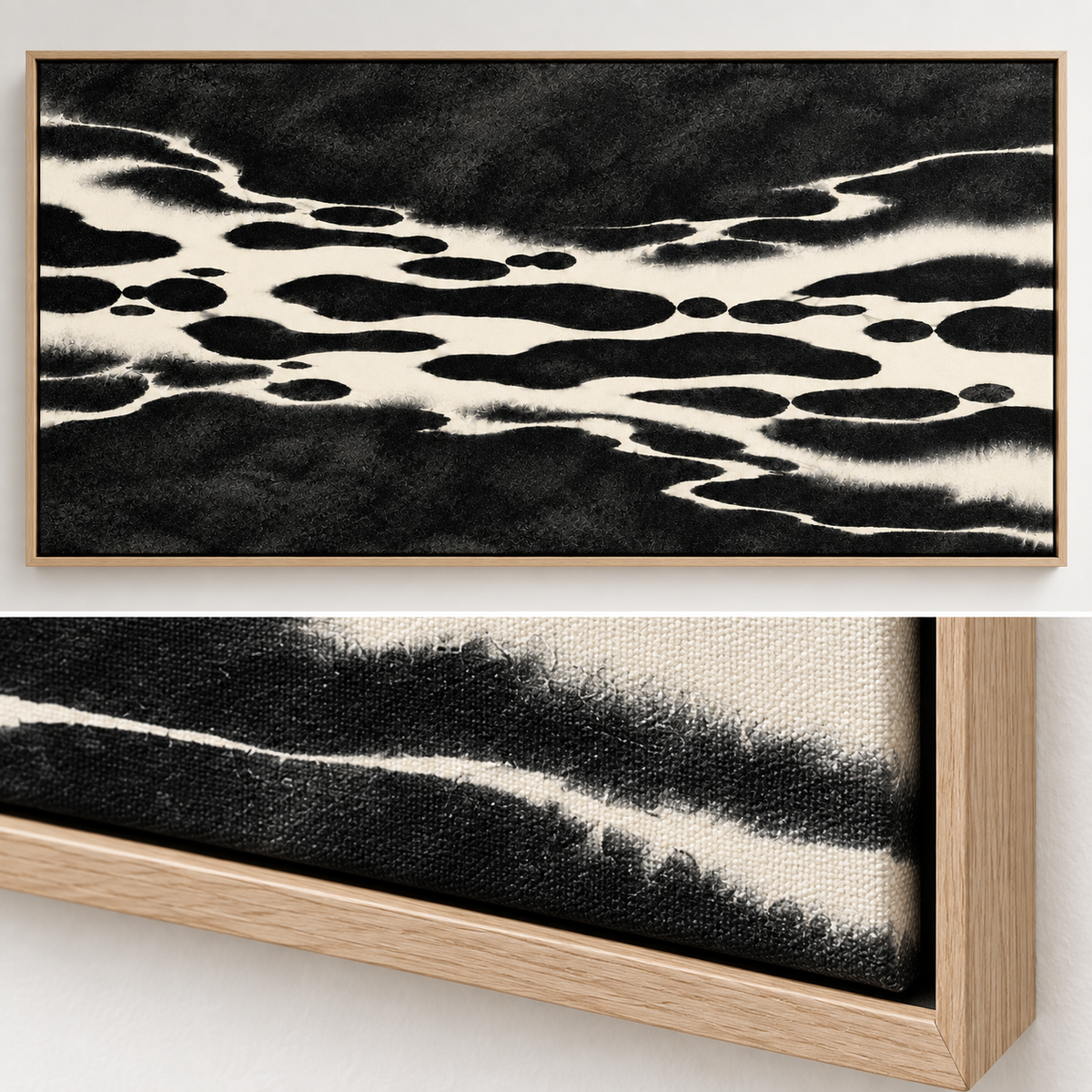 Panoramic Wall Art Canvas Print – Ink Current front view and canvas corner detail by Rossetti Art