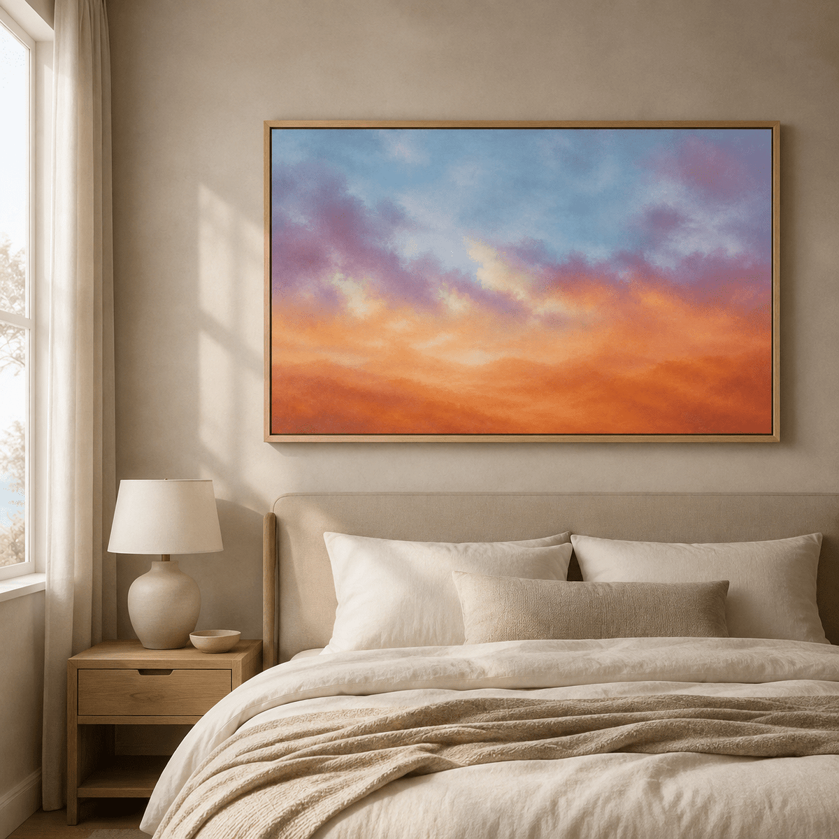 Sunset wall art in living room setting – Amber Haze by Rossetti Art