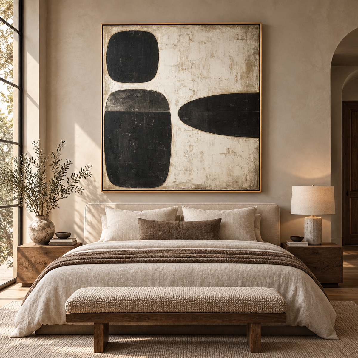 Pebble wall art above a bed in a warm neutral bedroom – Three Stones by Rossetti Art