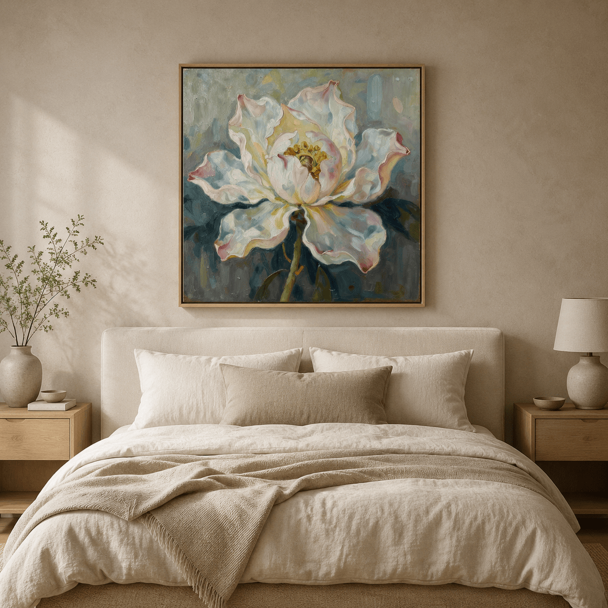 Peony painting above the bed in a serene bedroom – Bloom in Bloom by Rossetti Art