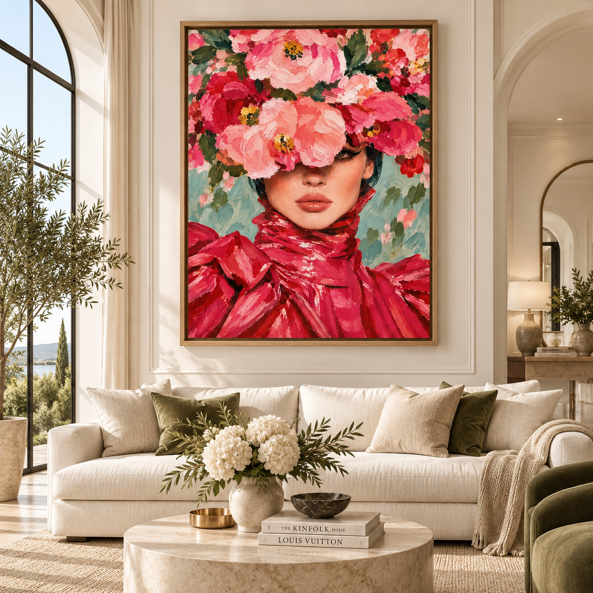 Peony wall art original painting – woman's face veiled in blush and crimson peonies, palette-knife oil texture, front view, by Rossetti Art