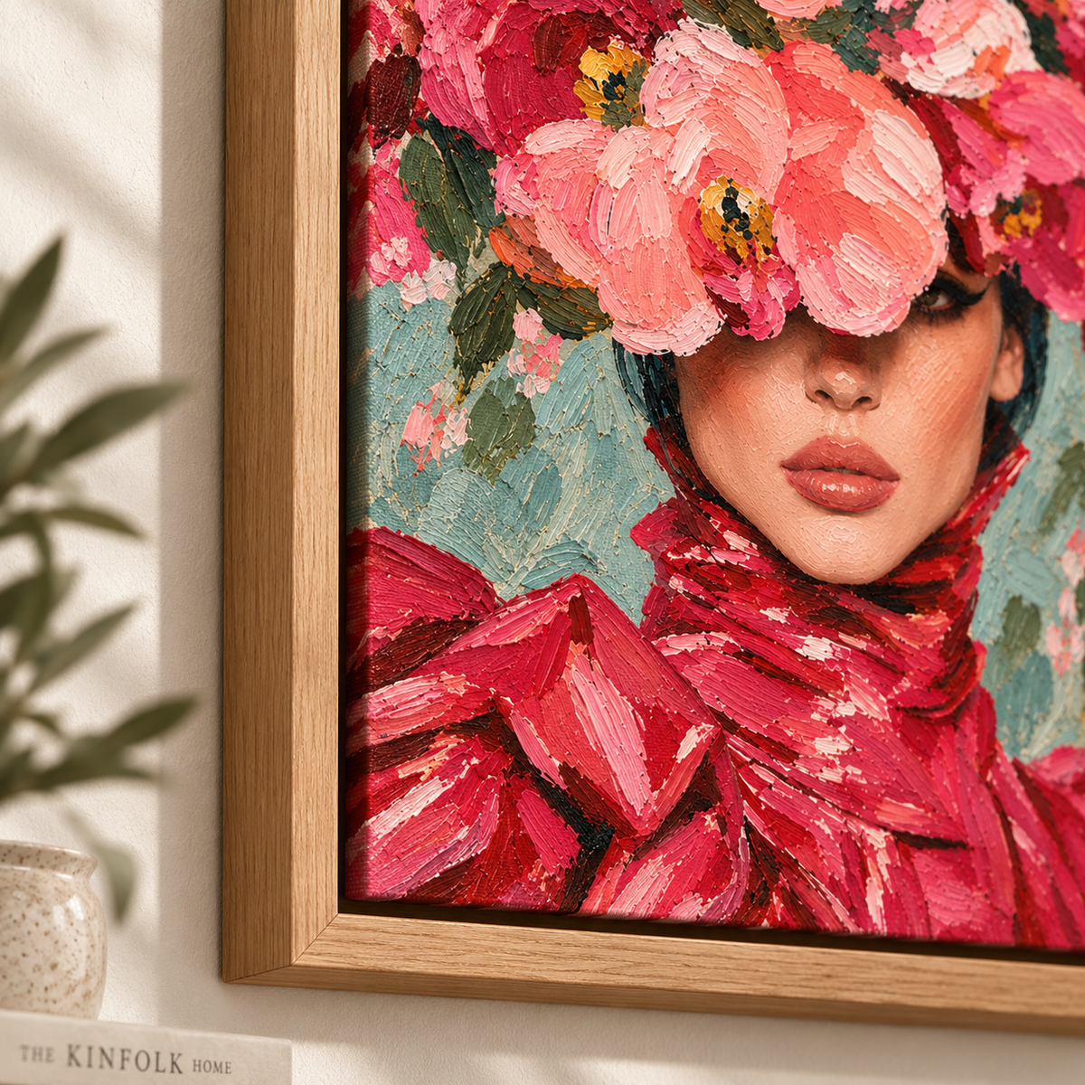 Peony wall art original painting – close-up of the palette-knife impasto oil texture by Rossetti Art