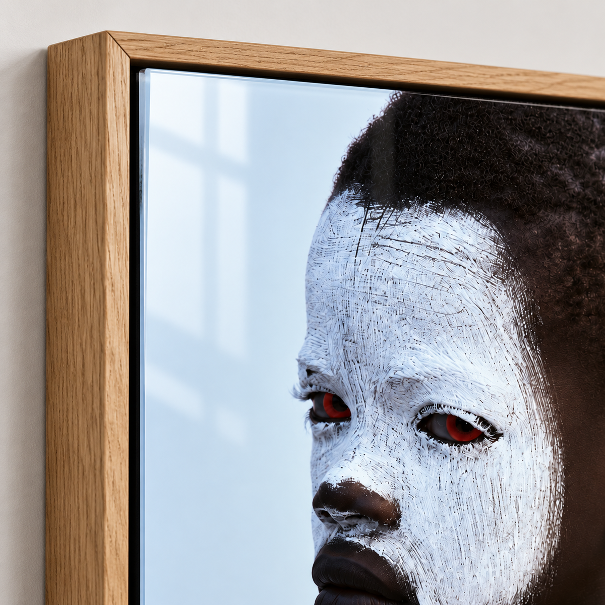 Photographic Portrait Art – Chalk Gaze glossy acrylic frame corner detail by Rossetti Art
