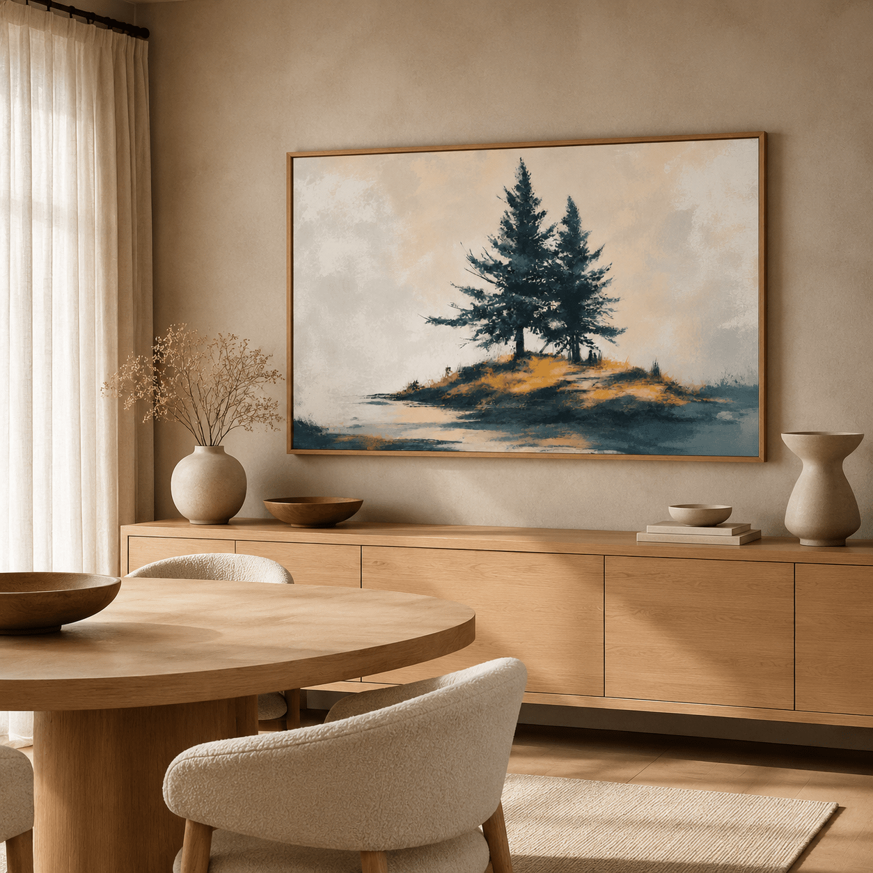 Pine tree wall art — Quiet Point framed canvas above a dining room sideboard