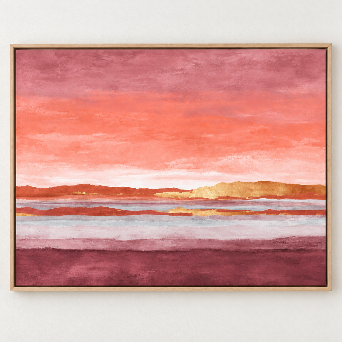Pink and Gold Wall Art – Gilded Dusk by Rossetti Art – coral sunset sky over gold-toned ridges and a burgundy shore, framed front view