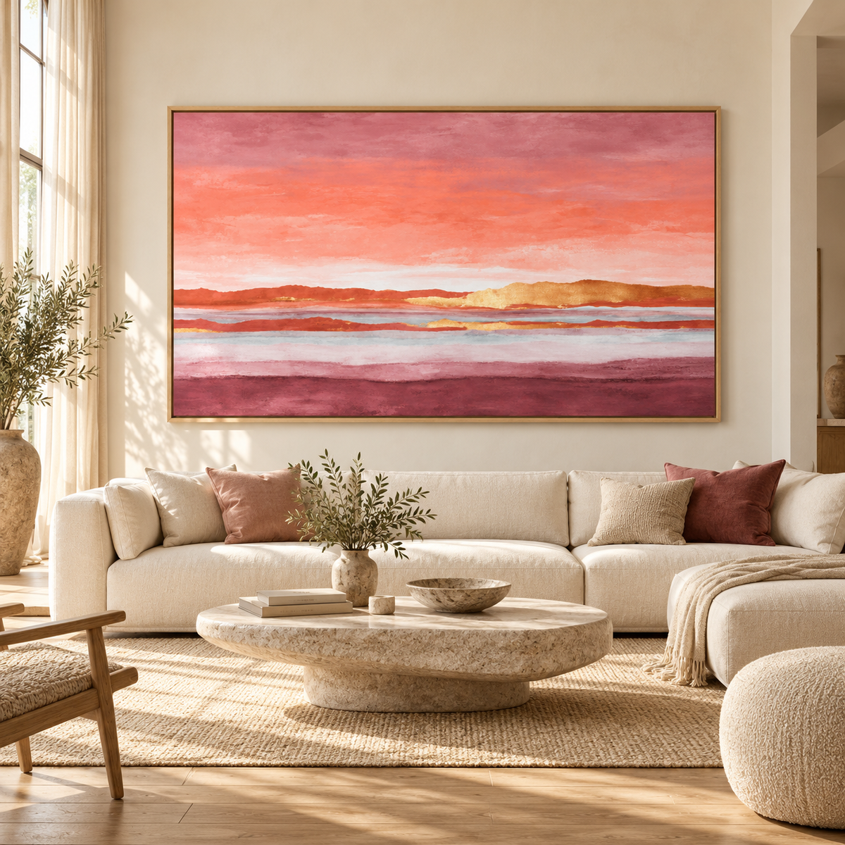 Pink and Gold Wall Art – Gilded Dusk by Rossetti Art – oversized pink and coral sunset canvas above a cream sofa in a sunlit living room