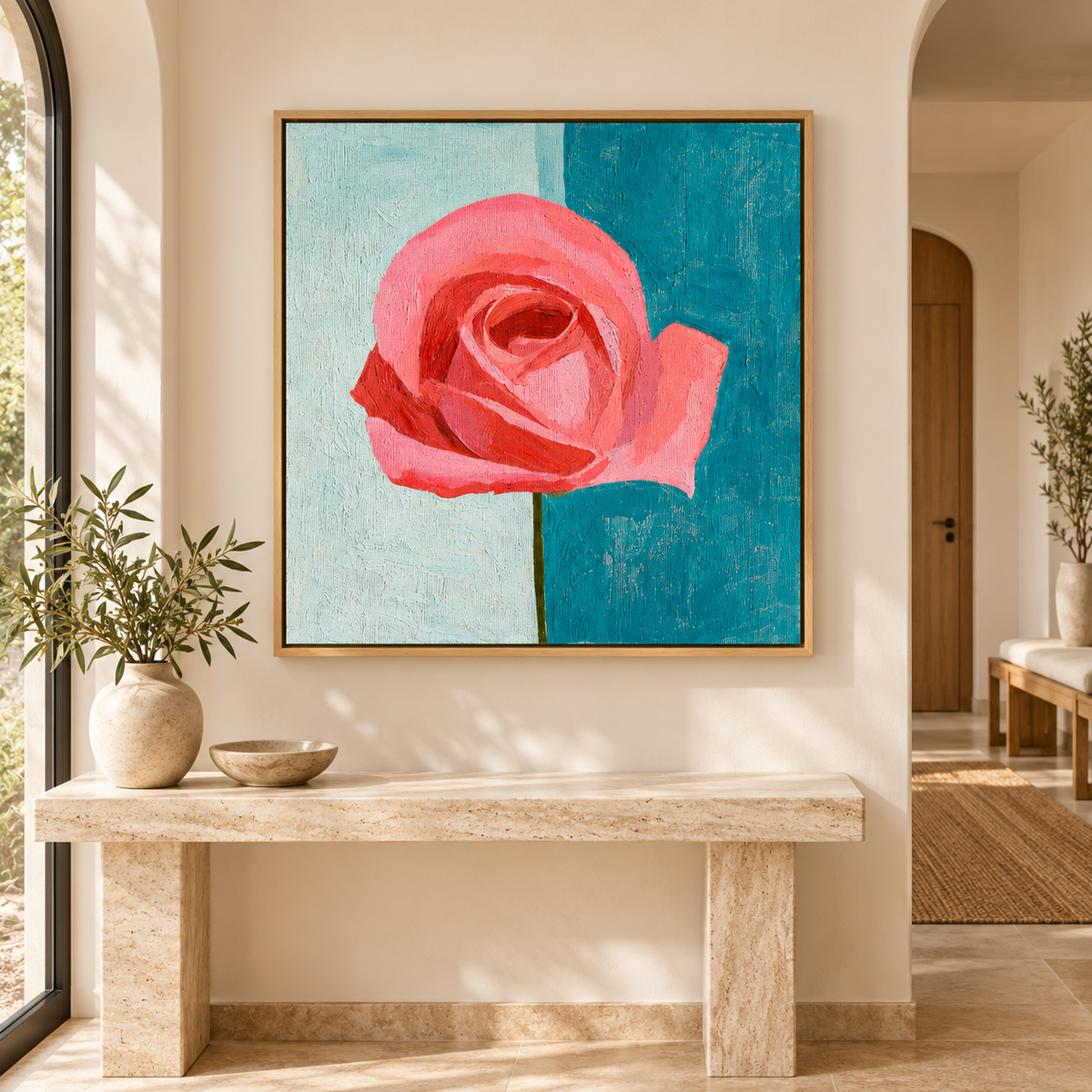 Pink flower wall art Coral Rose above an entryway console – Rossetti Art