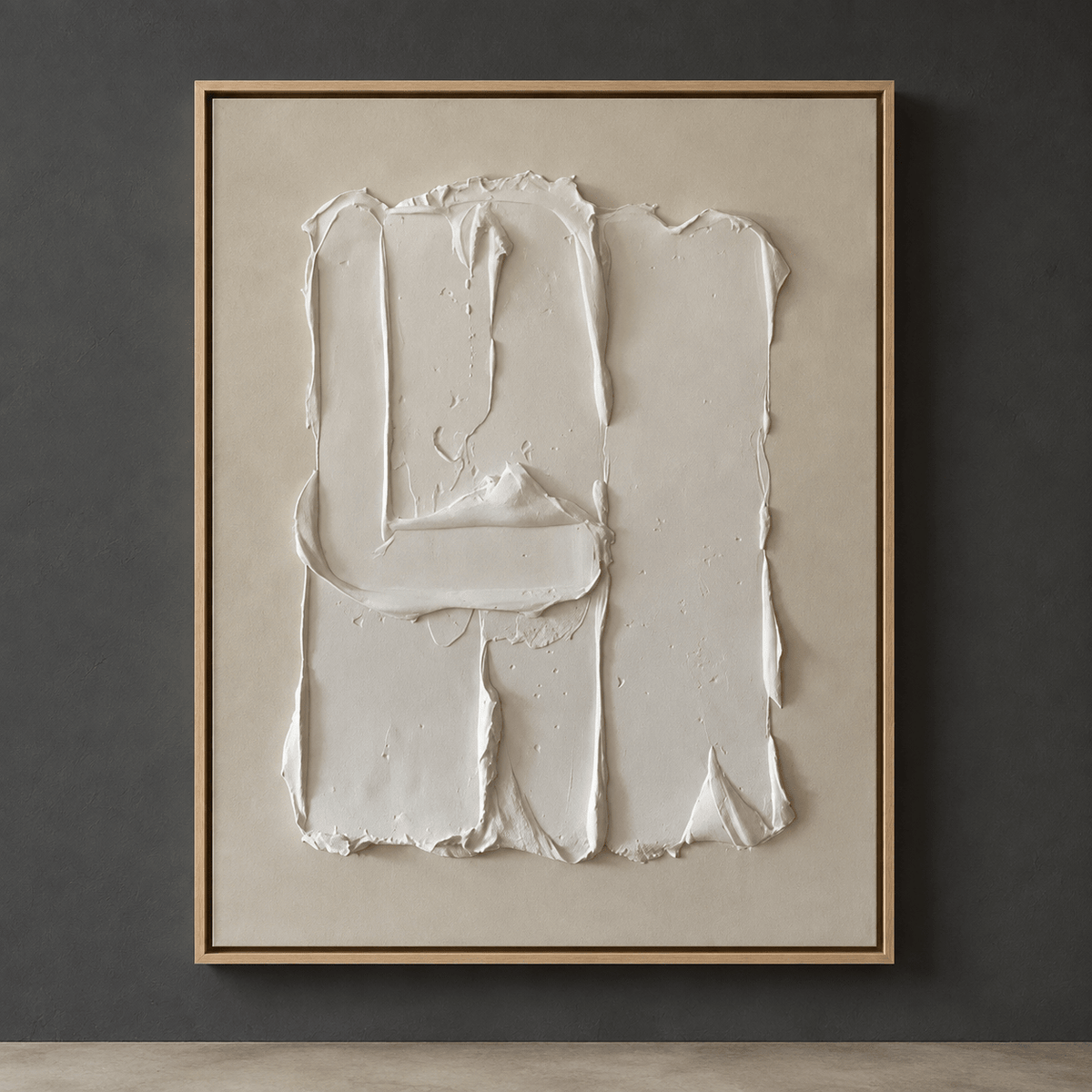 Plaster wall art in bone white and ivory tones with heavy palette-knife texture, framed in natural wood – Hushed Fold by Rossetti Art