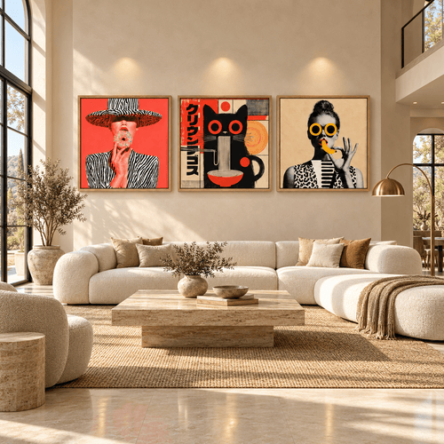 Pop art canvas art set in a modern living room – Guilty Pleasures by Rossetti Art