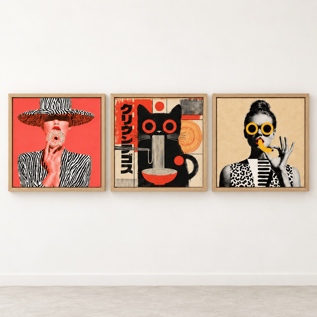 Pop art canvas art set on a white studio wall – Guilty Pleasures by Rossetti Art