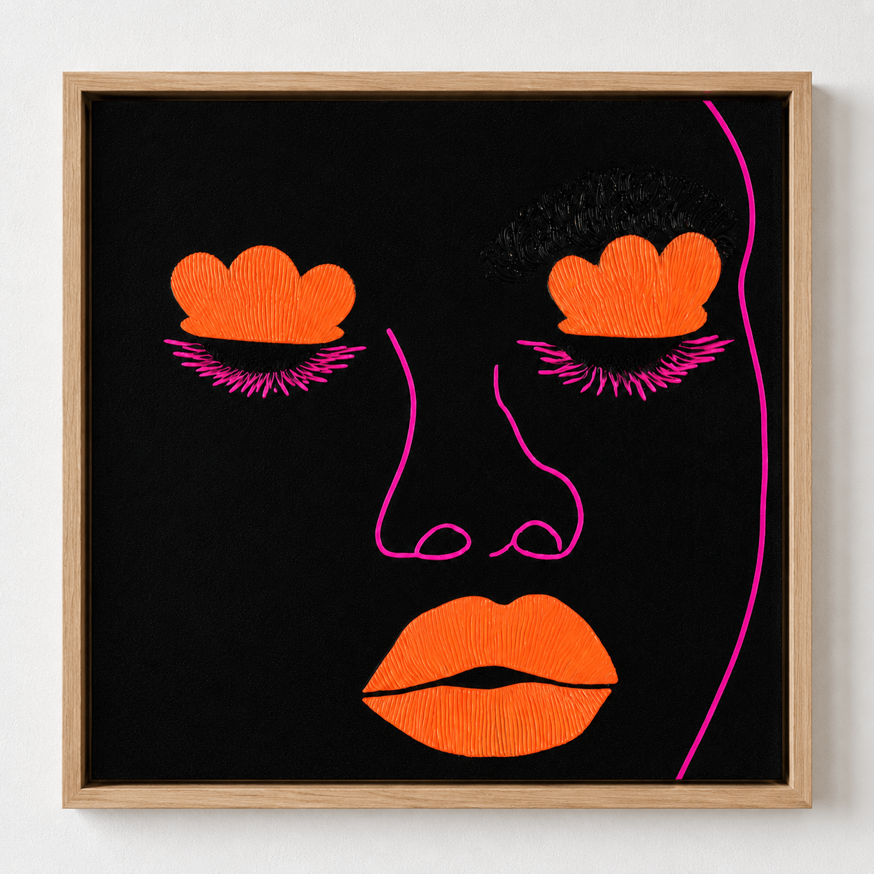 Pop art face canvas print framed in oak on a plain wall – Afterglow by Rossetti Art