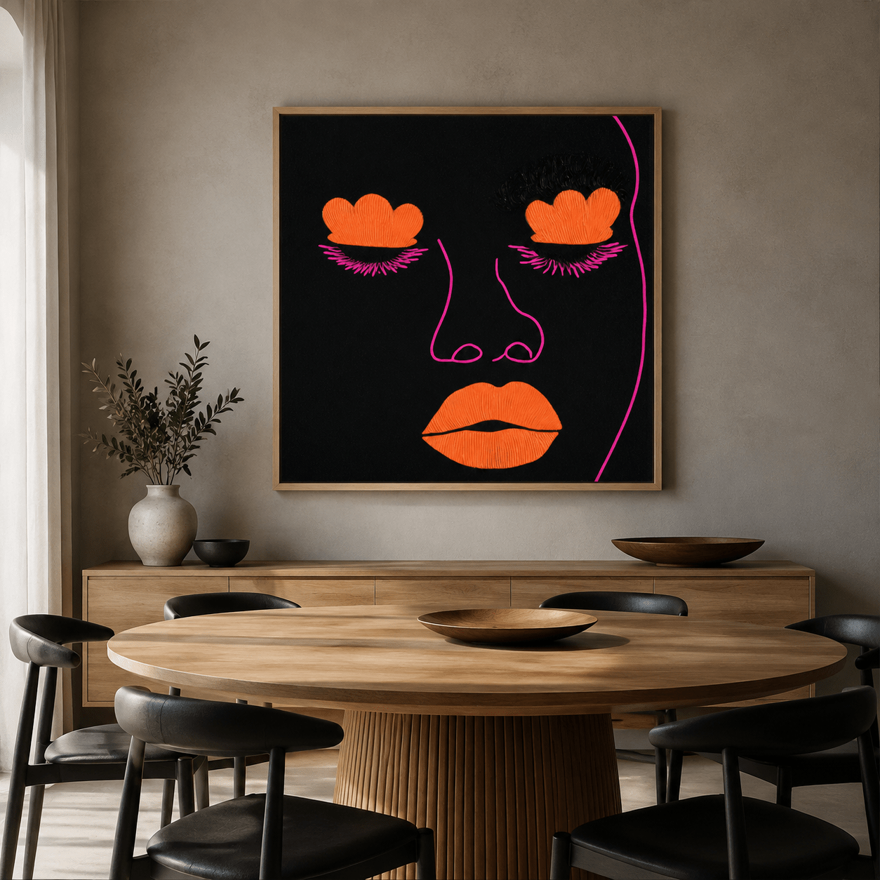 Pop art face canvas print styled in a dining room above a wood credenza